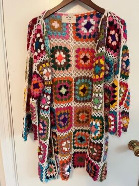 MOMO New York Multicolor Crochet Granny-Square Cardigan Sweater